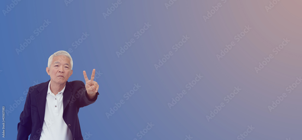 Asian senior business man in professional looking showing victory fingers sign happy mood Asian senior business man in professional looking showing victory fingers sign happy mood