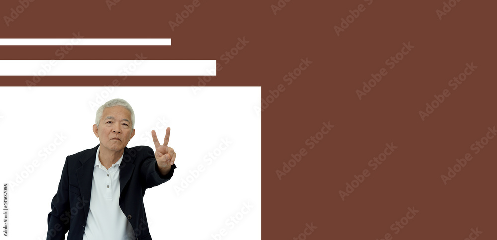 Asian senior business man in professional looking showing victory fingers sign happy mood Asian senior business man in professional looking showing victory fingers sign happy mood