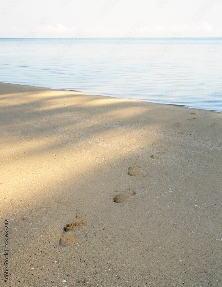 Footprints leading to calm tropical water Footprints leading to calm tropical water