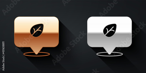 Gold and silver Vegan food diet icon isolated Gold and silver background. Organic, bio, eco symbol. Vegan, no meat, lactose free, healthy, fresh and nonviolent food. Long shadow style. Vector