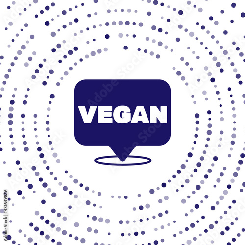 Blue Vegan food diet icon isolated Blue background. Organic, bio, eco symbol. Vegan, no meat, lactose free, healthy, fresh and nonviolent food. Abstract circle random dots. Vector