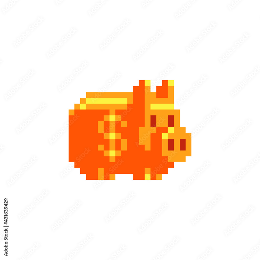 Piggy bank icon. Golden money box. Pixel art style. 8-bit sprite. Isolated abstract vector illustration. Piggy bank icon. Golden money box. Pixel art style. 8-bit sprite. Isolated abstract vector illustration.