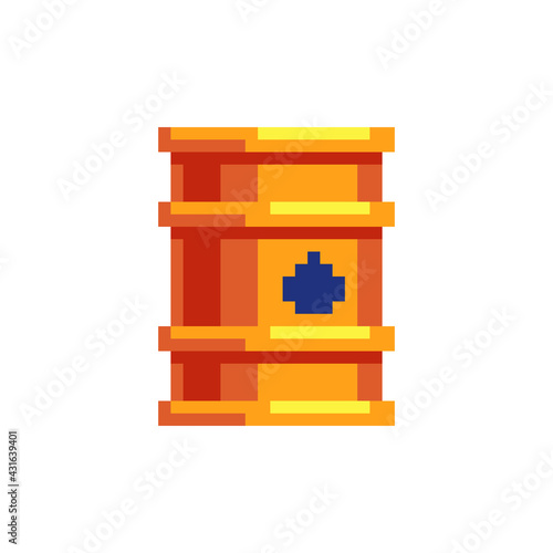 Barrel oil gold pixel art icon, isolated vector illustration. 8-bit. Design for stickers, logo, app.
