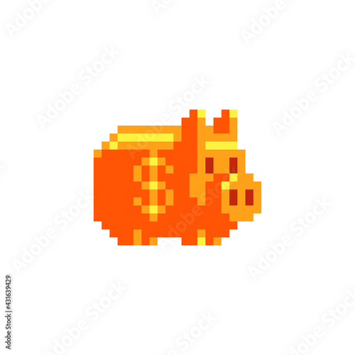 Piggy bank icon. Golden money box. Pixel art style. 8-bit sprite. Isolated abstract vector illustration. 