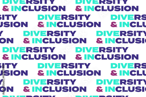 DIVERSITY AND INCLUSION, DIVE IN text pattern. Repetitive trendy neon bright coloured flat vector illustration of diversity and inclusion text typography text pattern on transparent background. 