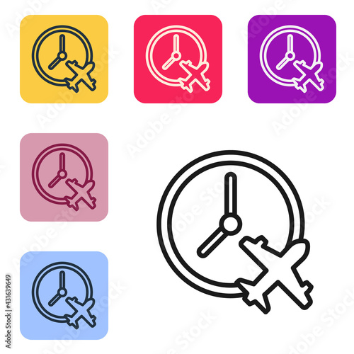Black line Clock with airplane icon isolated on white background. Designation of time before departure, check-in for flight and arrival time symbol. Set icons in color square buttons. Vector