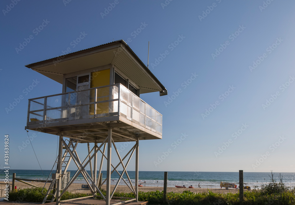 Surf Lifesaving Observation Tower in front of beach at Alexander Parade Beach, Sunshine Coast Surf Lifesaving Observation Tower in front of beach at Alexander Parade Beach, Sunshine Coast