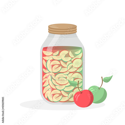 Glass jar of preserved apples. Beautiful bank with your favorite delicacy. Red and green apples. Vector illustration.