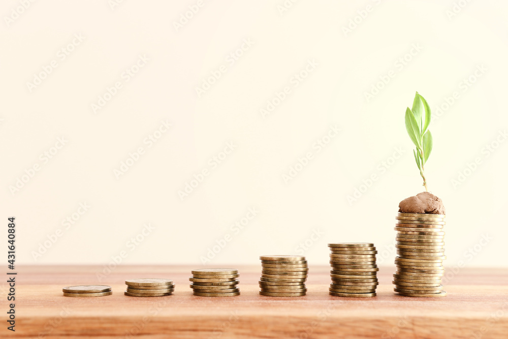 stack of coins with youg growing plant. financial success and managament concept stack of coins with youg growing plant. financial success and managament concept