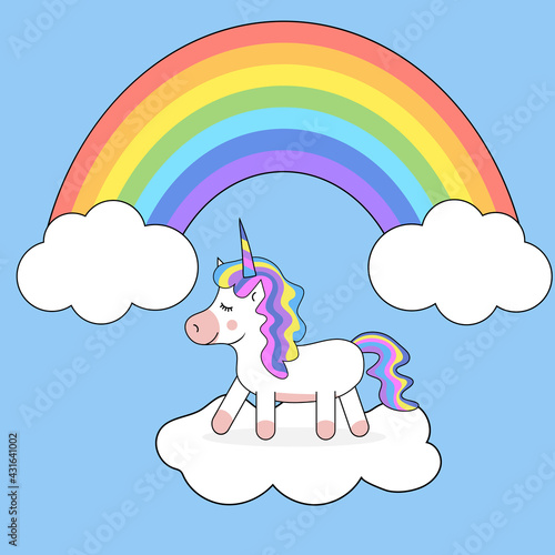 Cute cartoon unicorn with rainbow hair with black outline. Unicorn walking on a cloud. A colored rainbow above it. Vector illustration.