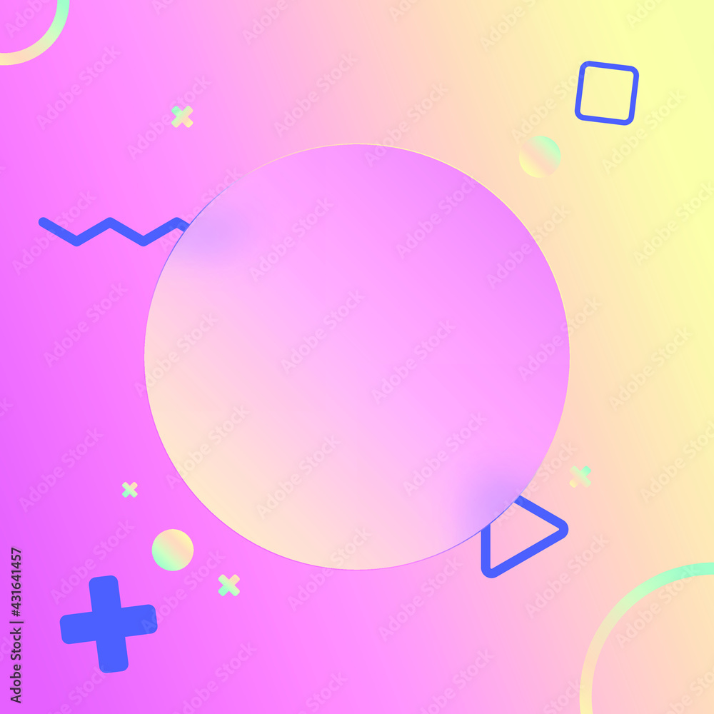 A round frame made of translucent glass and geometric elements in the memphis style are on a gradient background. Glassmorphism layout. Copy space. Vector illustration. A round frame made of translucent glass and geometric elements in the memphis style are on a gradient background. Glassmorphism layout. Copy space. Vector illustration.