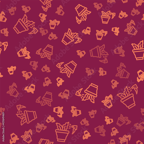 Brown line Spraying a house plant with a spray gun icon isolated seamless pattern on red background. Moistening of foliage. Care for home flowers. Vector