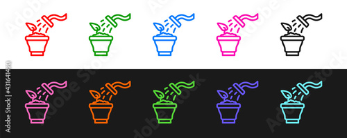 Set line Spraying a house plant with a spray gun icon isolated on black and white background. Moistening of foliage. Care for home flowers. Vector