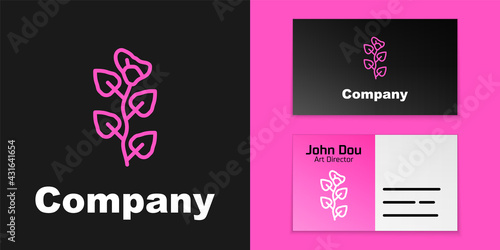 Pink line Ivy branch icon isolated on black background. Branch with leaves. Logo design template element. Vector