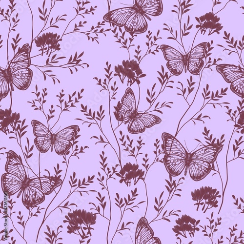 A pattern of butterflies and tree branches with leaves. Seamless image. Natural illustration. Design of wallpaper, fabrics, textiles, packaging, posters, postcards, wedding design.
