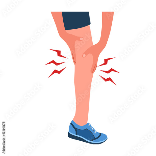 Leg pain concept vector illustration on white background. Sport man feel hurt in leg. Muscle or bone problem.