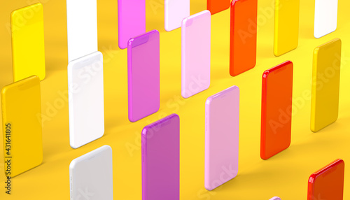 Multi vibrance color mobile phone mockup on the yellow background, Visual technology concept 3d rendering illustration.