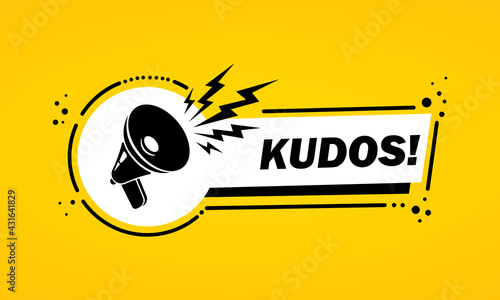 Megaphone with kudos speech bubble banner. Slogan kudos. Loudspeaker. Label for business, marketing and advertising. Vector on isolated background. EPS 10