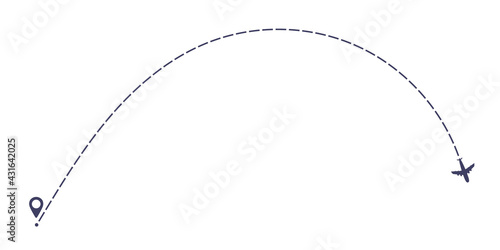 Airplane dashed line path flat style design vector illustration isolated on white background. The plane icon follow from start pin point to finish by dashed line. Airplane route trace flight air map.