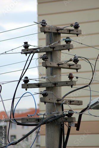 Electric cable and pole passing through the street in Kırşehir city of Turkey