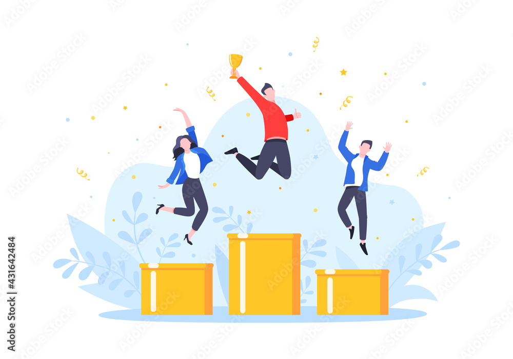 People standing on the podium rank first three places, jumps in the air with trophy cap. Employee recognition and competition award winner business concept flat style design vector illustration. - obrazy, fototapety, plakaty 