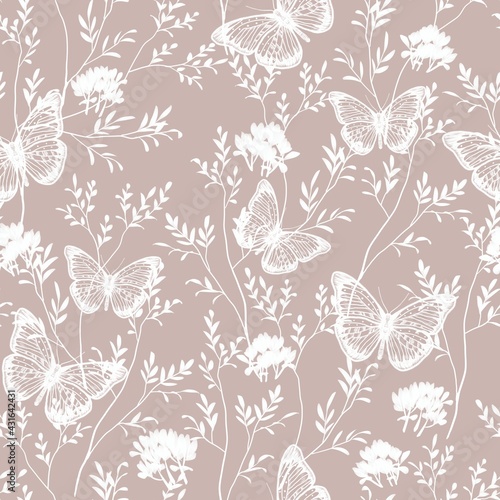 A pattern of butterflies and tree branches with leaves. Seamless image. Natural illustration. Design of wallpaper, fabrics, textiles, packaging, posters, postcards, wedding design. 