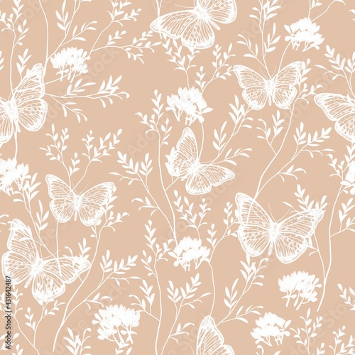 A pattern of butterflies and tree branches with leaves. Seamless image. Natural illustration. Design of wallpaper, fabrics, textiles, packaging, posters, postcards, wedding design.
