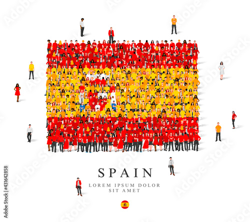 A large group of people are standing in yellow, white and red robes, symbolizing the flag of Spain.