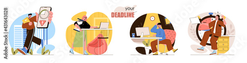 Deadline concept scenes set. Busy office workers do work tasks, nervous workflow, time management, productivity. Collection of people activities. Vector illustration of characters in flat design