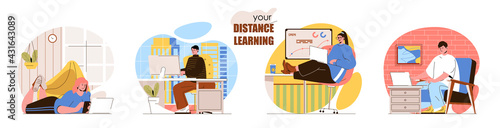Distance learning concept scenes set. Students studying on laptops, homeschooling, online education, e-learning. Collection of people activities. Vector illustration of characters in flat design