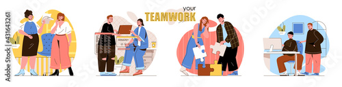 Teamwork concept scenes set. Employees work together in office, team collaborates on project, business communication. Collection of people activities. Vector illustration of characters in flat design