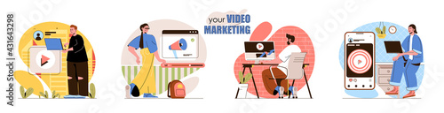 Video marketing concept scenes set. Marketers create video content, promote on social media, targeting, advertising. Collection of people activities. Vector illustration of characters in flat design
