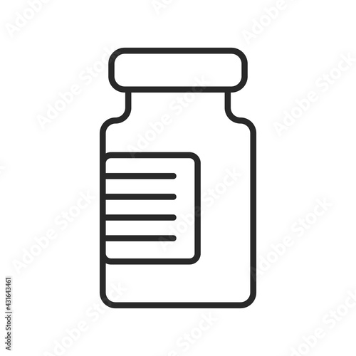 Pill bottle thin line icon. Vaccine concept vial Black outline or line art. Vector illustration.
