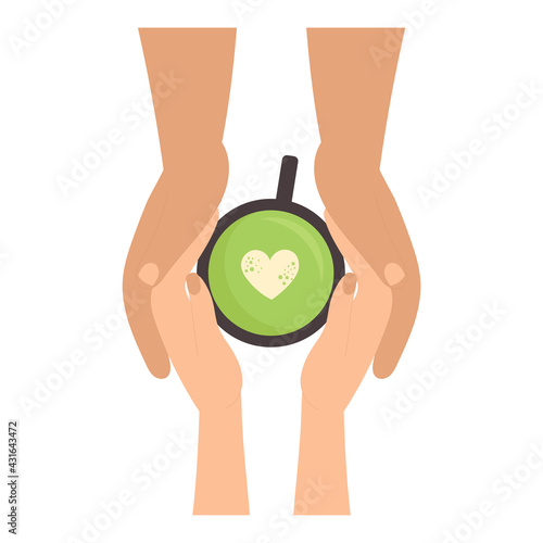 Hands are holding a Cup of green matcha tea. Traditional Japanese healthy drink. Tea ceremony. Flat cartoon vector