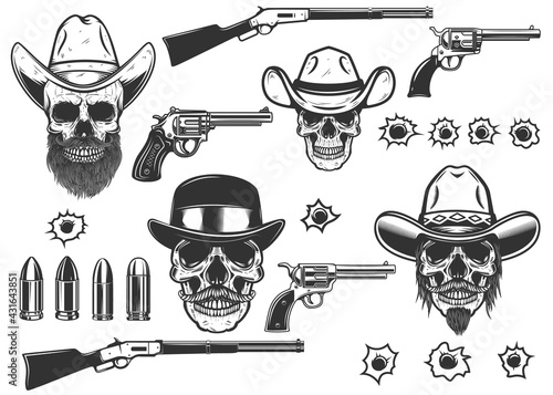 Set of Illustration of cowboy skulls and weapon in monochrome style. Design element for logo, label, sign, emblem, poster. Vector illustration