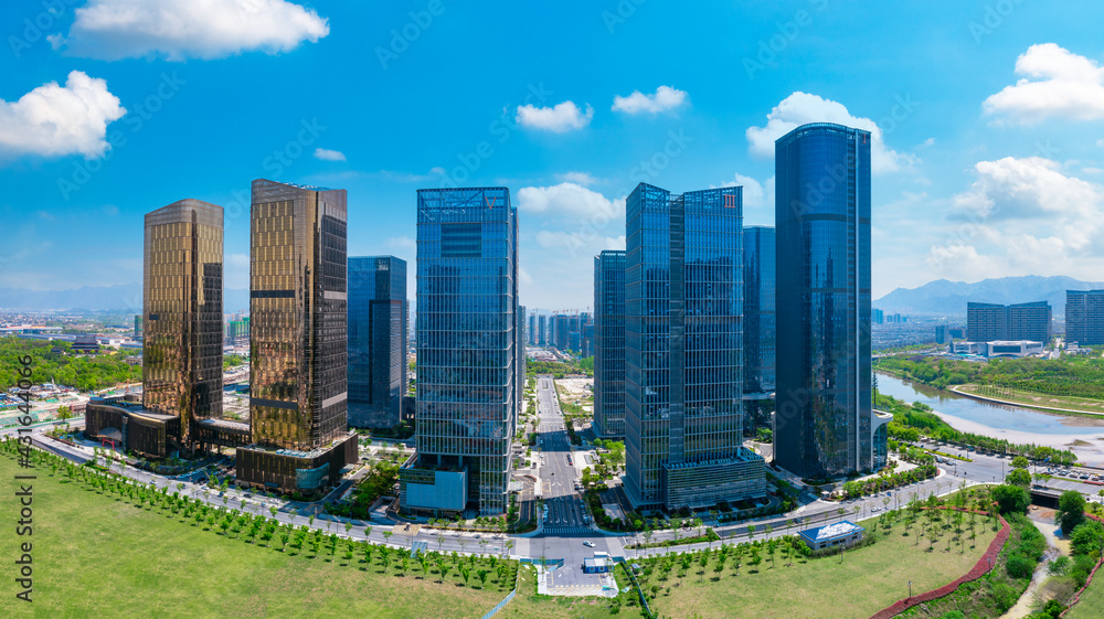 Naklejka premium CBD landscape of Yiwu City, Zhejiang Province, China