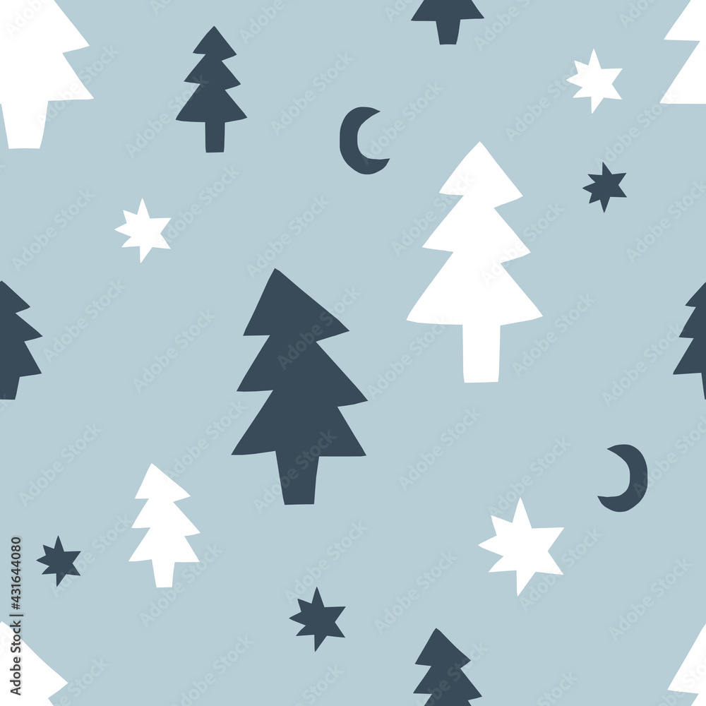 Obraz premium Magical Scandinavian Christmas starry night winter forest vector seamless pattern. Abstract pine tree star crescent shapes modern abstract background. Neutral colours limited geometric graphic design