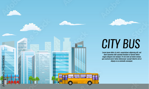 City public transport service flat poster at bus stop shelter. Flat and solid color vector illustration.