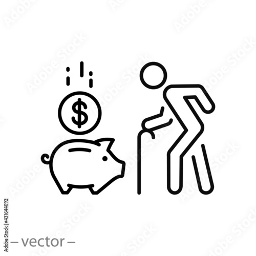 saving money icon, pension fund, old man with cane, retirement age and piggy bank, thin line symbol on white background - editable stroke vector eps10