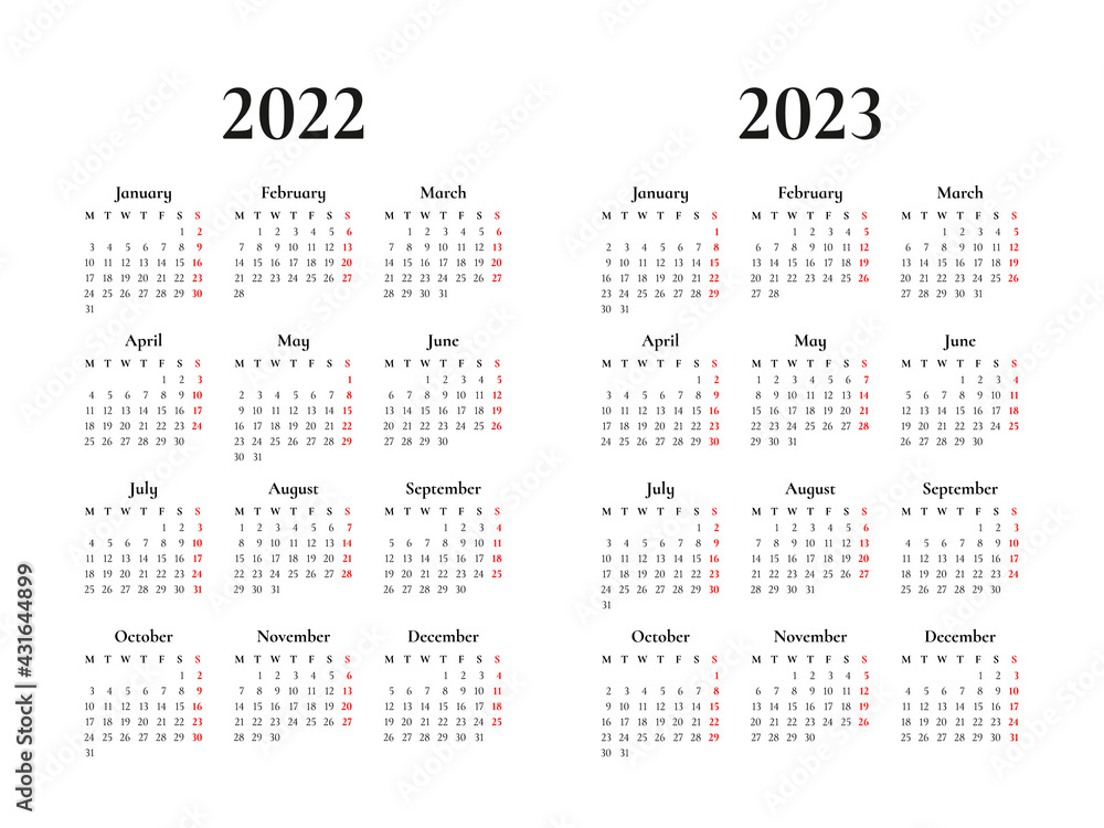 calendar 2022 and 2023, week starts on Monday, basic business template. vector illustration calendar 2022 and 2023, week starts on Monday, basic business template. vector illustration