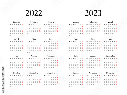 calendar 2022 and 2023, week starts on Monday, basic business template. vector illustration