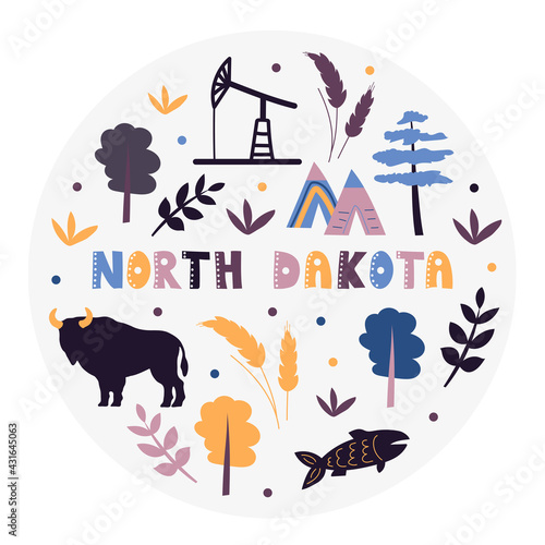 USA collection. Vector illustration of North Dakota. State Symbols - round shape