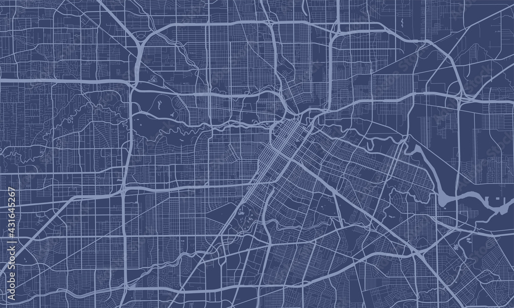 Dark blue Houston city area vector background map, streets and water cartography illustration.