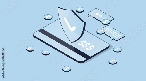 Isometric 3d vector illustration. Plastic credit card with a shield. Safety security protection of finances. Online banking.