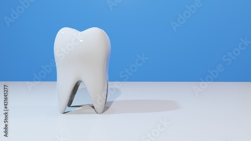White healthy Tooth isolated on white and blue background. Oral dental hygiene. Teeth Whitening. abstract 3D render illustration.