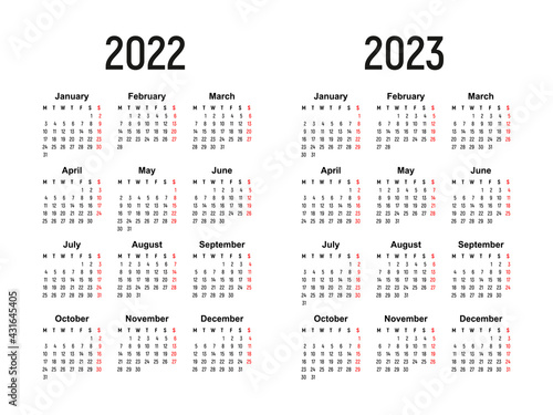 calendar 2022 and 2023, week starts on Monday, basic business template. vector illustration