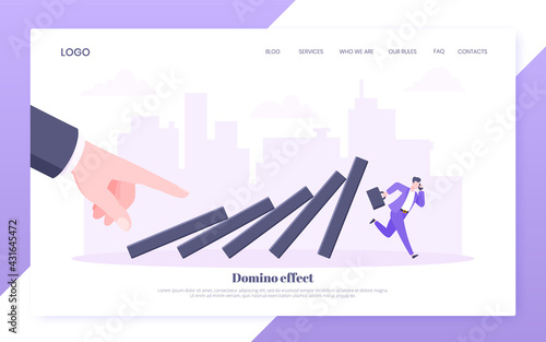 Domino effect or business cowardice metaphor vector illustration concept. Adult young businessman run away from hand falling domino line business concept problem solving and danger chain reaction.