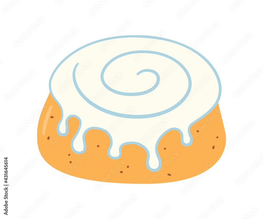 Cinnamon roll with sugar glaze. Swirl kanelbulle bun. Traditional dessert in Scandinavia and North America. Hand drawn isolated vector illustration on white background. Cinnamon roll with sugar glaze. Swirl kanelbulle bun. Traditional dessert in Scandinavia and North America. Hand drawn isolated vector illustration on white background.