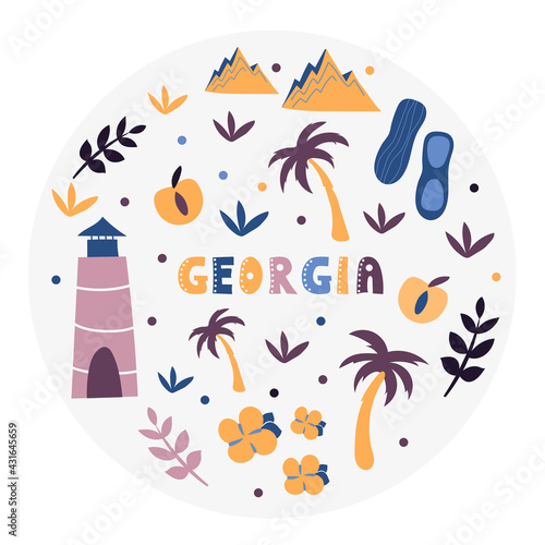 USA collection. Vector illustration of USA Georgia. State Symbols - round shape
