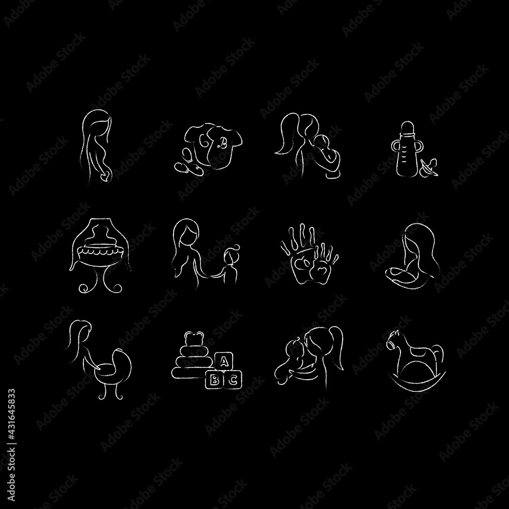 Motherhood chalk icons set. Mather's Day. Thin line customizable illustration. Contour symbol. Vector isolated outline drawing.